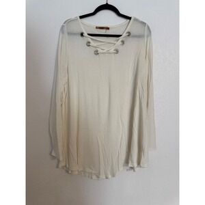 Beidini Ivory Lace Up Embellished Grommet Long Sleeve Tunic Top‎ 1X